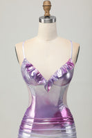 Load image into Gallery viewer, Silver Purple Metallic Bodycon Spaghetti Straps Short Prom Dress