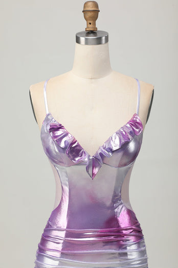 Silver Purple Metallic Bodycon Spaghetti Straps Short Prom Dress