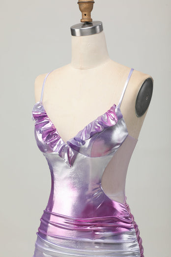 Silver Purple Metallic Bodycon Spaghetti Straps Short Prom Dress