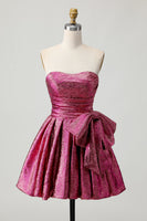 Load image into Gallery viewer, Dark Purple A Line Strapless Short Metallic Prom Dress with Bow