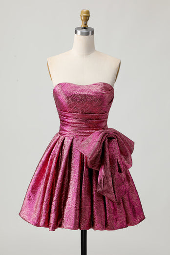 Dark Purple A Line Strapless Short Metallic Prom Dress with Bow