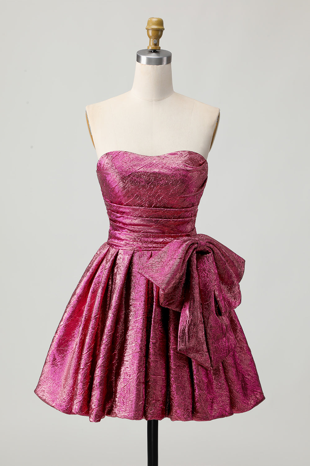 Dark Purple A Line Strapless Short Metallic Prom Dress with Bow