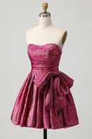 Load image into Gallery viewer, Dark Purple A Line Strapless Short Metallic Prom Dress with Bow