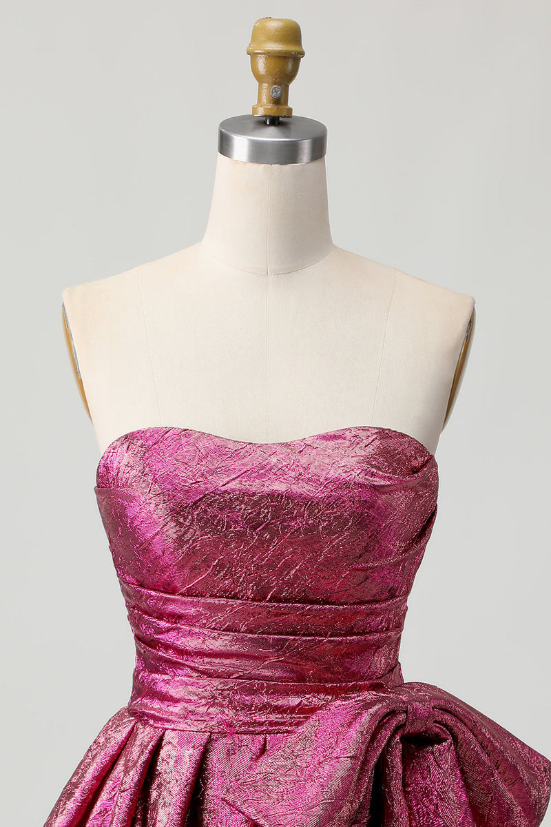 Load image into Gallery viewer, Dark Purple A Line Strapless Short Metallic Prom Dress with Bow
