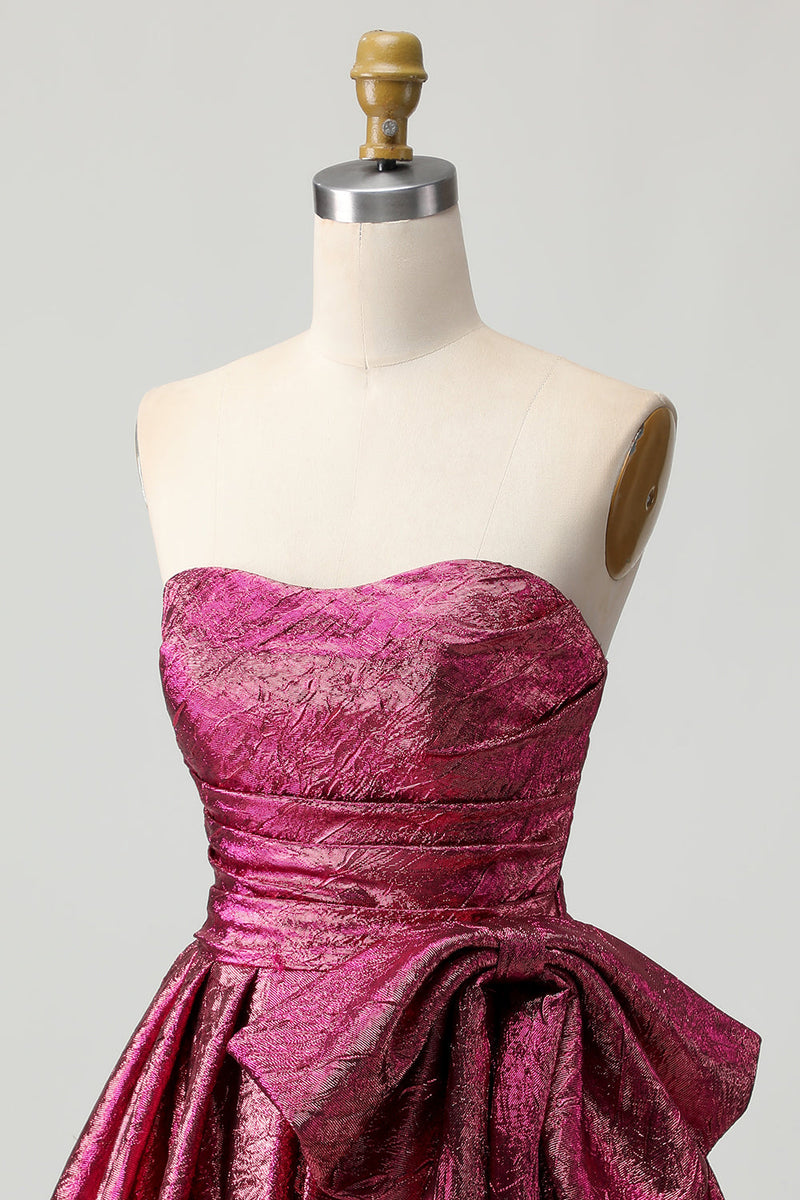 Load image into Gallery viewer, Dark Purple A Line Strapless Short Metallic Prom Dress with Bow