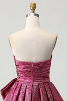 Load image into Gallery viewer, Dark Purple A Line Strapless Short Metallic Prom Dress with Bow