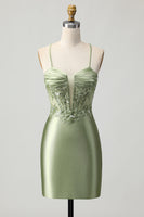 Load image into Gallery viewer, Sparkly Sage Green Corset Tight Short Satin Prom Dress