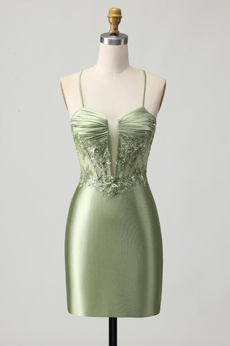 Sparkly Sage Green Corset Tight Short Satin Prom Dress