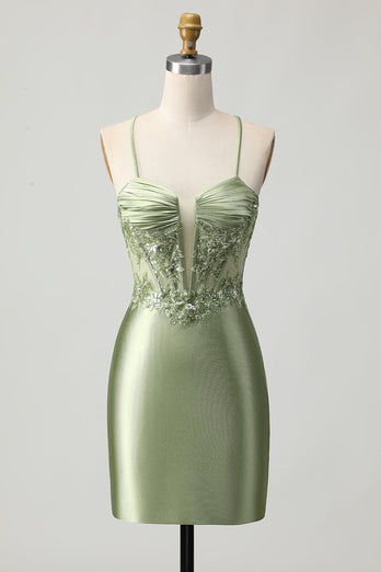 Sparkly Sage Green Corset Tight Short Satin Prom Dress