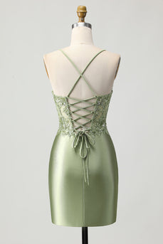 Sparkly Sage Green Corset Tight Short Satin Prom Dress