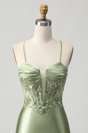 Sparkly Sage Green Corset Tight Short Satin Prom Dress