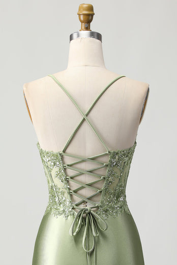 Sparkly Sage Green Corset Tight Short Satin Prom Dress
