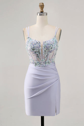 Lavender Satin Floral Corset Short Prom Dress with Lace