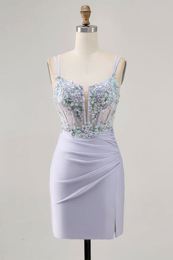 Lavender Satin Floral Corset Short Prom Dress with Lace