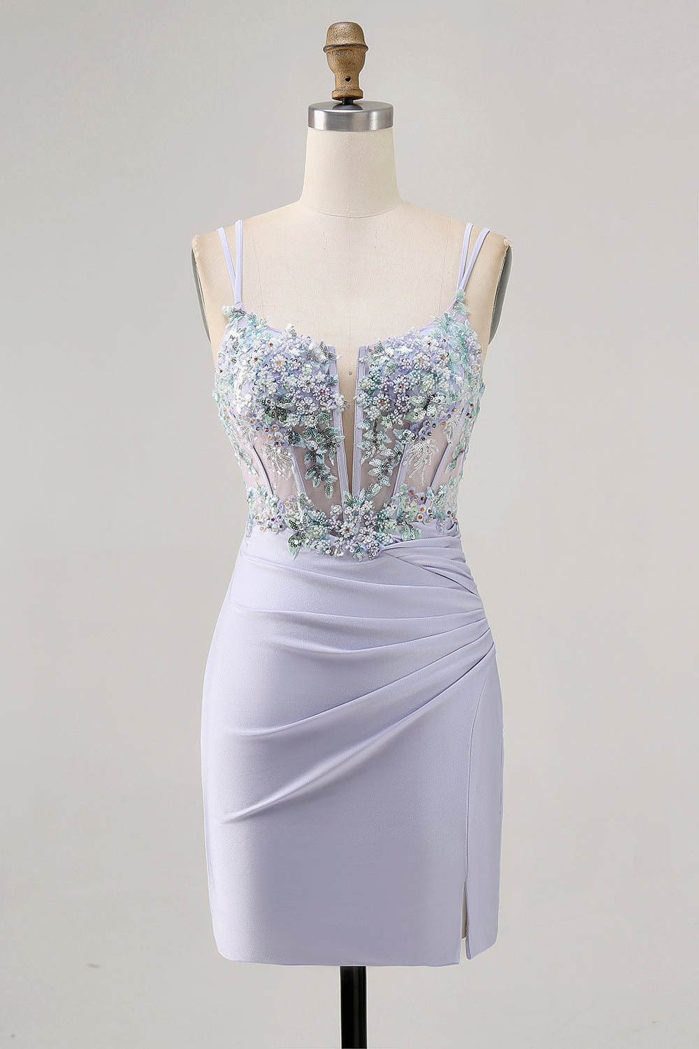 Lavender Satin Floral Corset Short Prom Dress with Lace