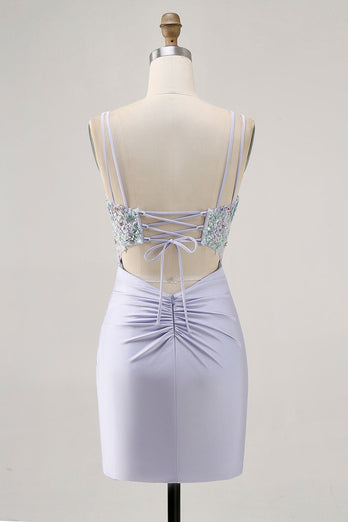 Lavender Satin Floral Corset Short Prom Dress with Lace