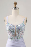 Load image into Gallery viewer, Lavender Satin Floral Corset Short Prom Dress with Lace
