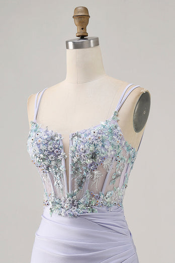 Lavender Satin Floral Corset Short Prom Dress with Lace