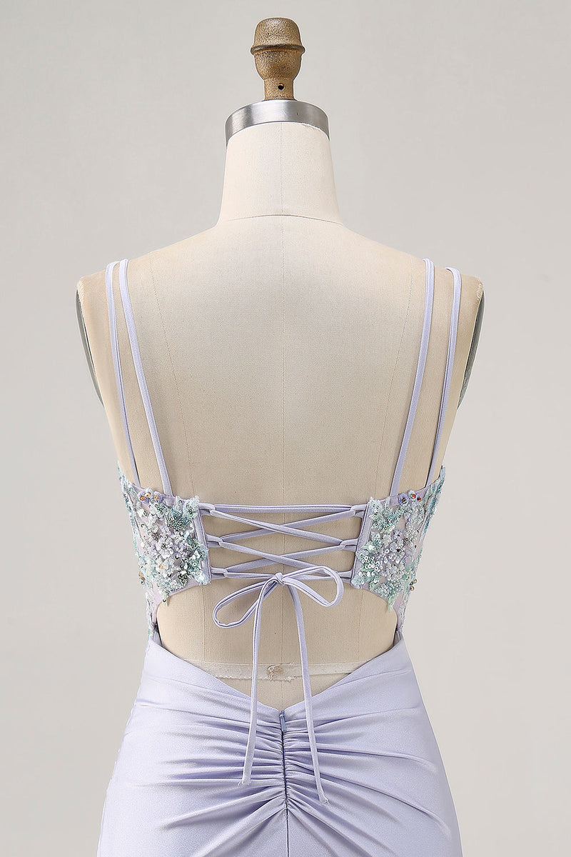 Load image into Gallery viewer, Lavender Satin Floral Corset Short Prom Dress with Lace