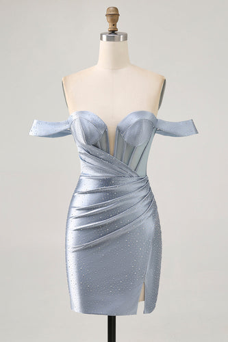 Sparkly Dusty Blue Satin Corset Tight Short Prom Dress with Beading