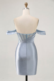 Sparkly Dusty Blue Satin Corset Tight Short Prom Dress with Beading