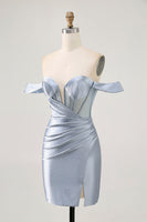 Load image into Gallery viewer, Sparkly Dusty Blue Satin Corset Tight Short Prom Dress with Beading
