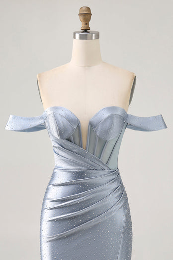 Sparkly Dusty Blue Satin Corset Tight Short Prom Dress with Beading