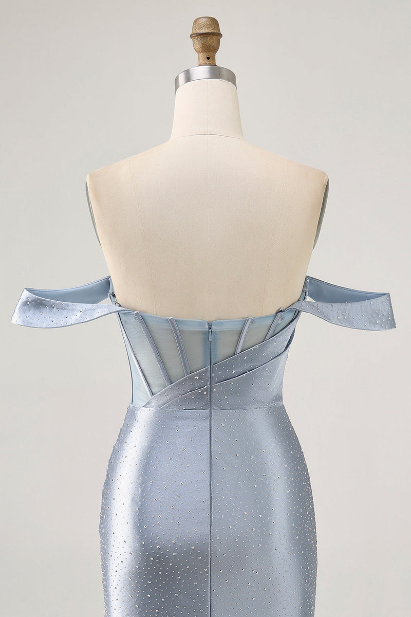Load image into Gallery viewer, Sparkly Dusty Blue Satin Corset Tight Short Prom Dress with Beading