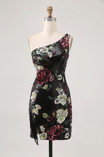 Sparkly Black Sequin Floral One Shoulder Short Prom Dress with Fringes