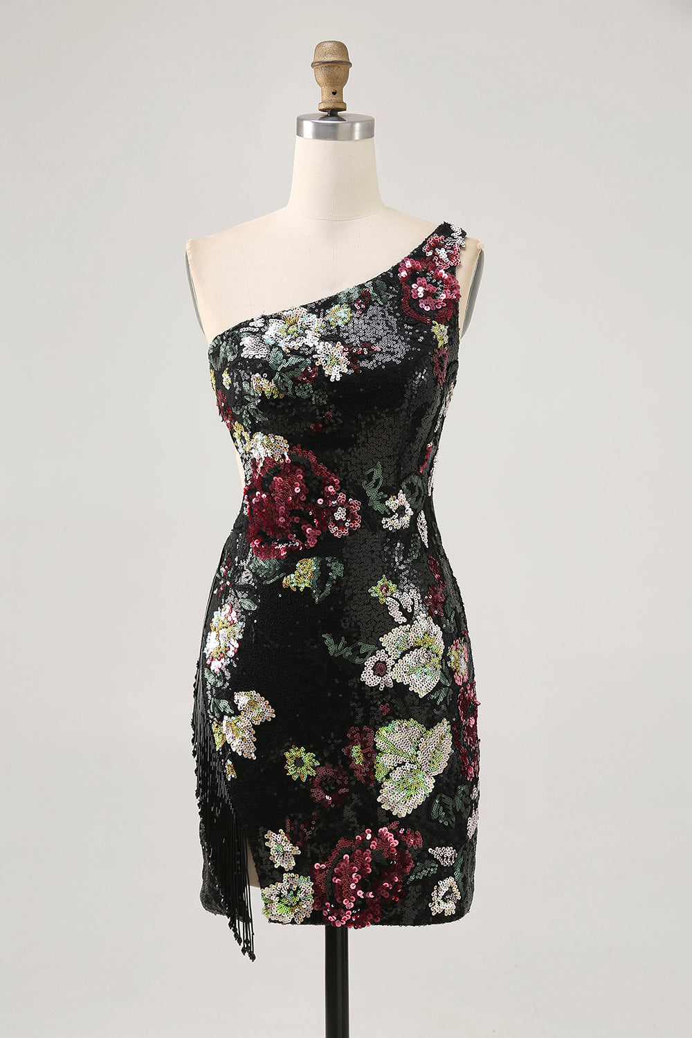 Sparkly Black Sequin Floral One Shoulder Short Prom Dress with Fringes