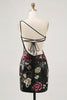 Load image into Gallery viewer, Sparkly Black Sequin Floral One Shoulder Short Prom Dress with Fringes