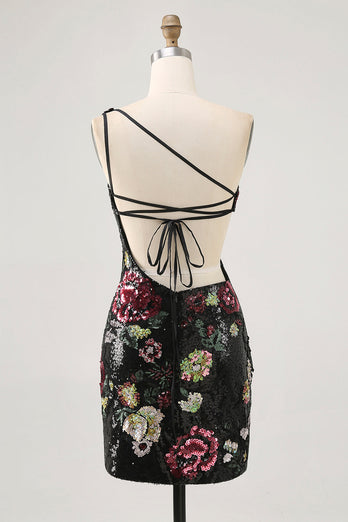 Sparkly Black Sequin Floral One Shoulder Short Prom Dress with Fringes