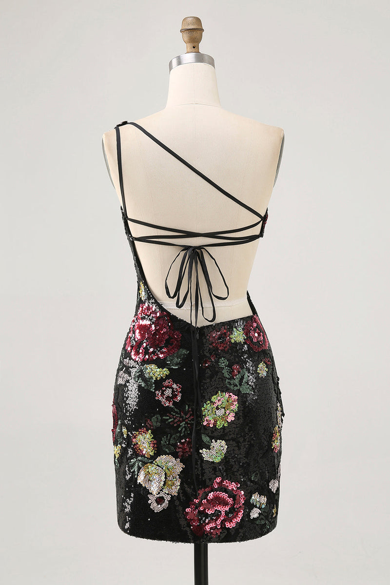 Load image into Gallery viewer, Sparkly Black Sequin Floral One Shoulder Short Prom Dress with Fringes