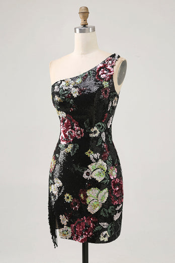 Sparkly Black Sequin Floral One Shoulder Short Prom Dress with Fringes