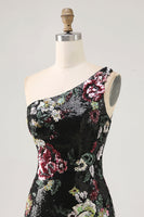 Load image into Gallery viewer, Sparkly Black Sequin Floral One Shoulder Short Prom Dress with Fringes