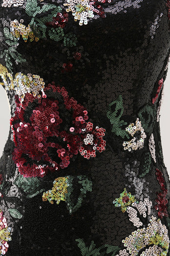 Sparkly Black Sequin Floral One Shoulder Short Prom Dress with Fringes