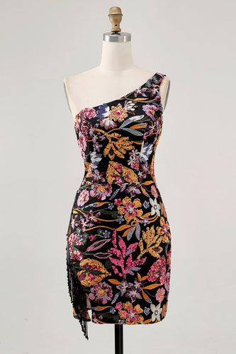 Sparkly Black Sequin Floral Short Prom Dress with Embroidery