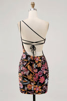 Load image into Gallery viewer, Sparkly Black Sequin Floral Short Prom Dress with Embroidery