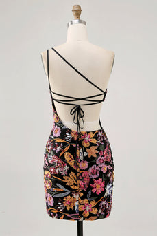 Sparkly Black Sequin Floral Short Prom Dress with Embroidery