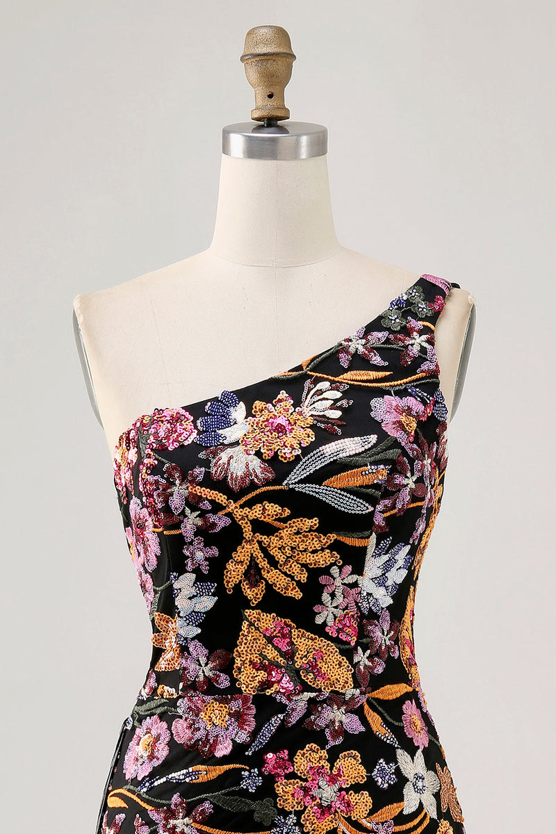 Load image into Gallery viewer, Sparkly Black Sequin Floral Short Prom Dress with Embroidery