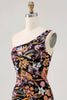 Load image into Gallery viewer, Sparkly Black Sequin Floral Short Prom Dress with Embroidery