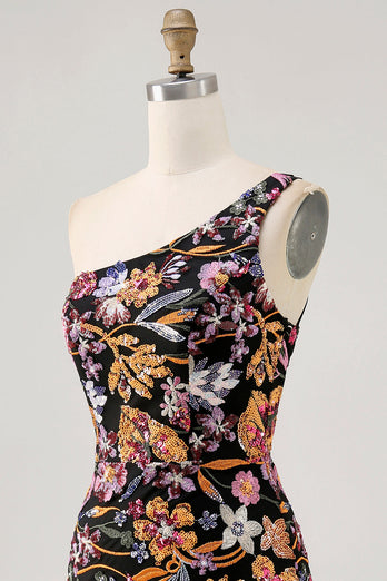 Sparkly Black Sequin Floral Short Prom Dress with Embroidery