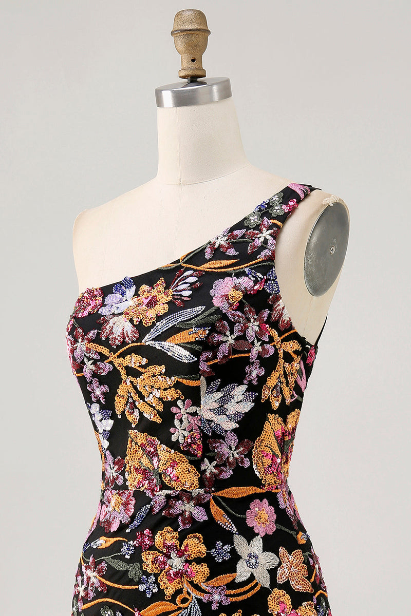 Load image into Gallery viewer, Sparkly Black Sequin Floral Short Prom Dress with Embroidery
