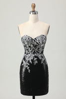 Load image into Gallery viewer, Sparkly Black Silver Sweetheart Tight Short Prom Dress with Sequins