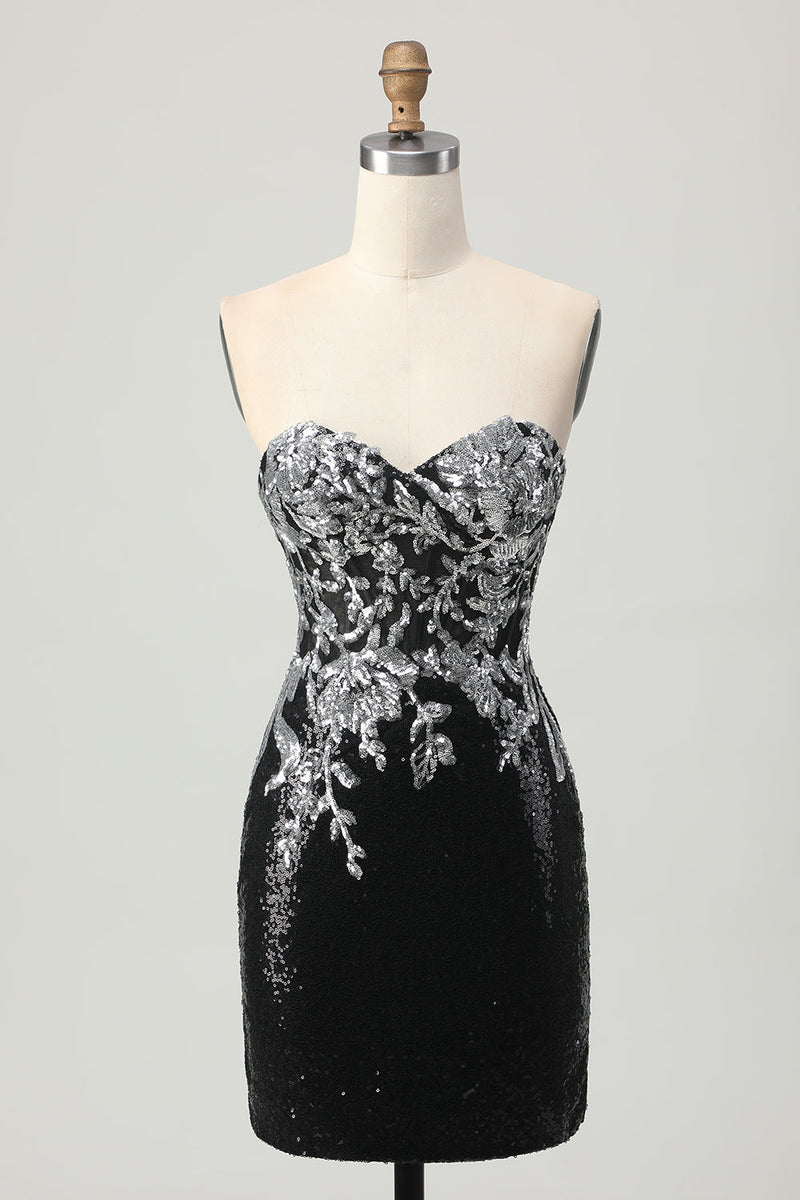 Load image into Gallery viewer, Sparkly Black Silver Sweetheart Tight Short Prom Dress with Sequins