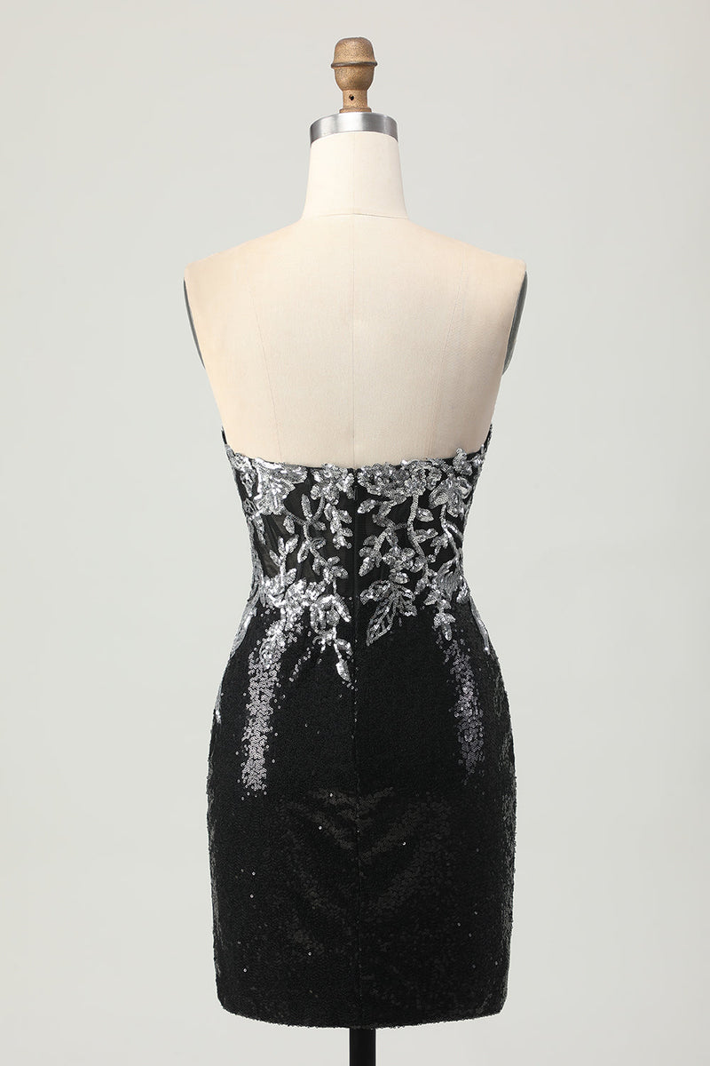 Load image into Gallery viewer, Sparkly Black Silver Sweetheart Tight Short Prom Dress with Sequins