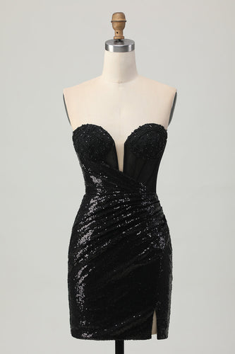 Sparkly Black Sequins Sweetheart Tight Short Prom Dress
