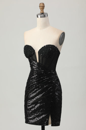 Sparkly Black Sequins Sweetheart Tight Short Prom Dress