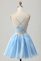 Load image into Gallery viewer, Sparkly Blue Corset A Line Short Prom Dress with Lace