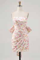 Load image into Gallery viewer, Pink Floral Strapless Ruched Short Prom Dress with Bow